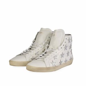 YSL White and Silver Star Pattern High-Top Sneakers